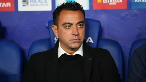 BARCELONA, SPAIN - MAY 14: Xavi, Head Coach of FC Barcelona, looks on prior to the LaLiga Santander match between RCD Espanyol and FC Barcelona at RCDE Stadium on May 14, 2023 in Barcelona, Spain. (Photo by Alex Caparros/Getty Images)