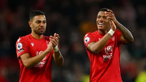 NOTTINGHAM, ENGLAND – APRIL 26: Renan Lodi and Danilo of Nottingham Forest applaud the fans following  the Premier League match between Nottingham Forest and Brighton & Hove Albion at City Ground on April 26, 2023 in Nottingham, England. (Photo by Clive Mason/Getty Images)

