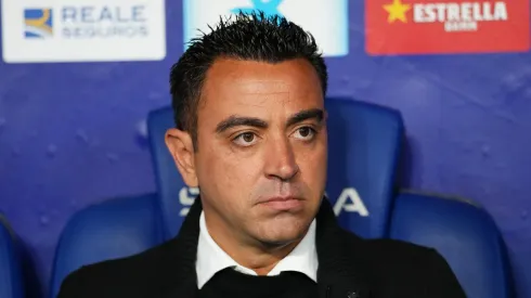BARCELONA, SPAIN - MAY 14: Xavi, Head Coach of FC Barcelona, looks on prior to the LaLiga Santander match between RCD Espanyol and FC Barcelona at RCDE Stadium on May 14, 2023 in Barcelona, Spain. (Photo by Alex Caparros/Getty Images)