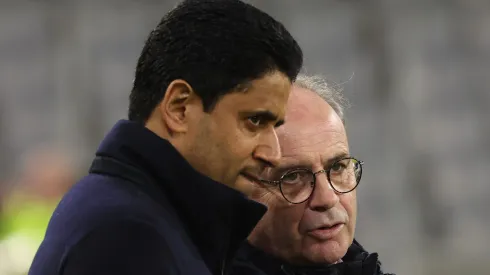 MUNICH, GERMANY - MARCH 07: Luís Campos (R), Sporting director of Paris Saint-Germain talks to Nasser Ghanim Al-Khelaifi, President of Photo by Alexander Hassenstein/Getty Images