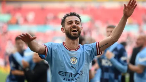 LONDON, ENGLAND - JUNE 03: Bernardo Silva of Manchester City celebrates at the end of the Emirates FA Cup Final between Manchester City and Manchester United at Wembley Stadium on June 03, 2023 in London, England. (Photo by Mike Hewitt/Getty Images)