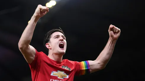 MANCHESTER, ENGLAND - DECEMBER 07: Harry Maguire of Manchester United celebrates victory at the end of the match during the Premier League match between Manchester City and Manchester United at Etihad Stadium on December 07, 2019 in Manchester, United Kingdom. (Photo by Laurence Griffiths/Getty Images)