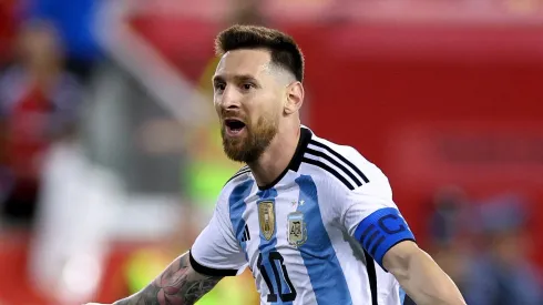 HARRISON, NEW JERSEY - SEPTEMBER 27: Lionel Messi #10 of Argentina celebrates his goal in the second half against Jamaica at Red Bull Arena on September 27, 2022 in Harrison, New Jersey. Argentina defeated Jamaica 3-0. (Photo by Elsa/Getty Images)