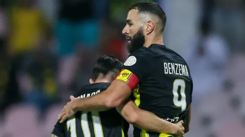 Igor Coronado of Al Ittihad celebrates with teammate Karim Benzema. (Photo by Yasser Bakhsh/Getty Images)