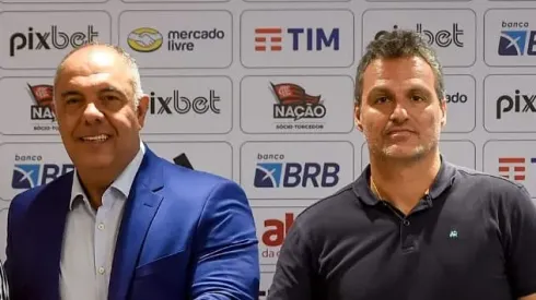 Marcos Braz e Bruno Spindel lado a lado no CT Ninho do Urubu. Foto: Marcelo Cortes/Flamengo