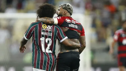 Marcelo of Fluminense hugs with Gabriel Barbosa of Flamengo. (Photo by Wagner Meier/Getty Images)