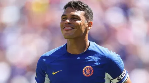LANDOVER, MARYLAND - JULY 30: Thiago Silva of Chelsea celebrates after scoring the team's first goal during the Premier League Summer Series match between Chelsea FC and Fulham FC at FedExField on July 30, 2023 in Landover, Maryland. (Photo by Patrick Smith/Getty Images)