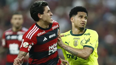 Pedro of Flamengo with Murilo of Palmeiras . (Photo by Wagner Meier/Getty Images)