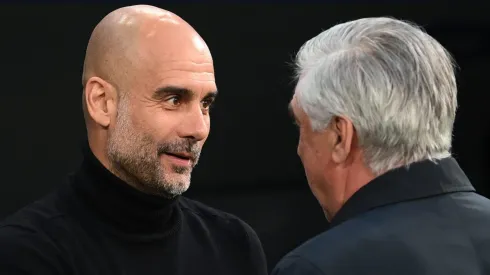Carlo Ancelotti, with Pep Guardiola, . (Photo by Michael Regan/Getty Images)