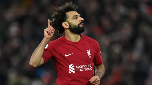 LIVERPOOL, ENGLAND - MARCH 05: Mohamed Salah of Liverpool celebrates after scoring the team's fourth goal during the Premier League match between Liverpool FC and Manchester United at Anfield on March 05, 2023 in Liverpool, England. (Photo by Michael Regan/Getty Images)