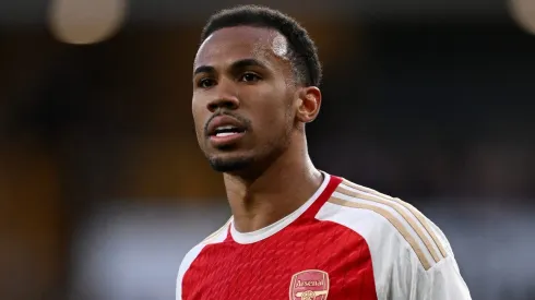 Gabriel Magalhães of Arsenal during the Premier League (Photo by Gareth Copley/Getty Images)