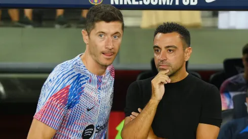 Xavi, Head coach as Robert Lewandowski of FC Barcelona . (Photo by David Ramos/Getty Images)