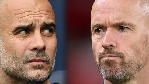 Guardiola e Ten Hag lado a lado. Foto Esq.: Shaun Botterill/Getty e Foto Dir.: Michael Regan/Getty Images