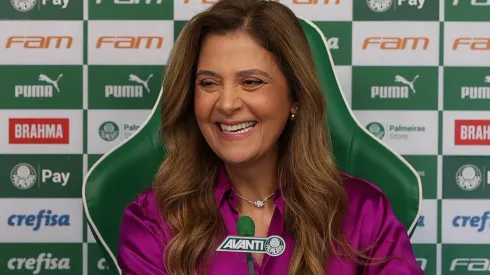 A presidente Leila Pereira, da SE Palmeiras, durante coletiva de imprensa, na Academia de Futebol. (Foto: Cesar Greco/Palmeiras/by Canon)