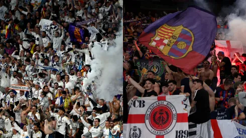 Torcida do Real Madrid  (Photo by Dan Mullan/Getty Images) e torcida do Barcelona (Photo by Alex Pantling/Getty Images)
