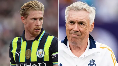 Manchester City pode tirar meia das mãos de Ancelotti em negócio de R$ 957 milhões. Fotos: Richard Pelham e Ira Black/Getty Imagens