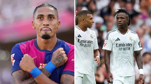 Raphinha é sincero sobre o Real Madrid de Mbappé e Vinicius Jr: "Estou surpreso...". Fotos: Alex Caparros e Angel Martinez/Getty Imagens