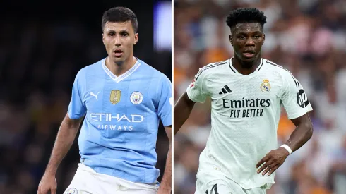 Real Madrid considera vender Tchouaméni para gigante inglês caso contrate Rodri. Fotos: Alex Livesey e Angel Martinez/Getty Imagens