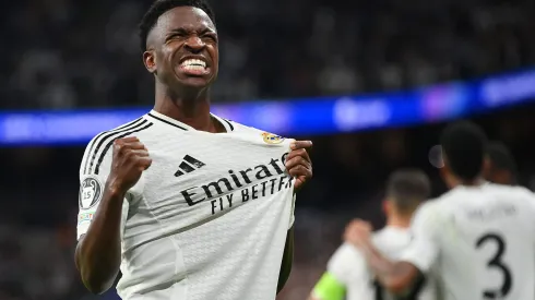MADRID, SPAIN - OCTOBER 22: Vinicius Junior of Real Madrid celebrates scoring his team's fifth goal during the UEFA Champions League 2024/25 League Phase MD3 match between Real Madrid C.F. and Borussia Dortmund at Estadio Santiago Bernabeu on October 22, 2024 in Madrid, Spain. (Photo by Denis Doyle/Getty Images)