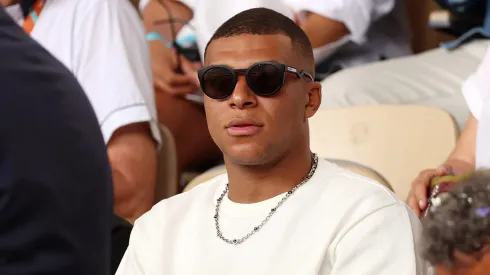 PARIS, FRANCE - JUNE 11: Footballer Kylian Mbappe is seen attending the Men's Singles Final match between Novak Djokovic of Serbia and Casper Ruud of Norway on Day Fifteen of the 2023 French Open at Roland Garros on June 11, 2023 in Paris, France. (Photo by Clive Brunskill/Getty Images)