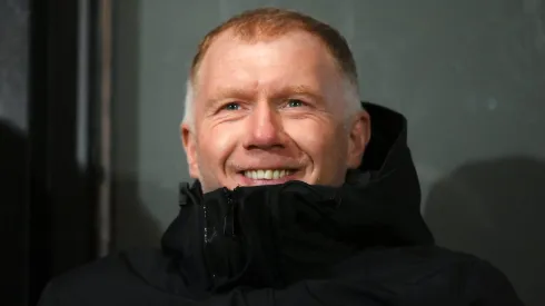 SALFORD, ENGLAND - NOVEMBER 14: Paul Scholes, Co-Owner of Salford City, looks on ahead of the Emirates FA Cup First Round Replay match between Salford City and Peterborough United at Peninsula Stadium on November 14, 2023 in Salford, England. (Photo by Ben Roberts Photo/Getty Images)