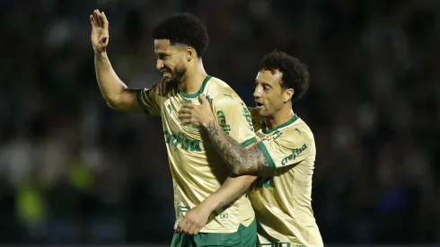 CAMPINAS, BRAZIL - AUGUST 24: Murilo (L) of Palmeiras celebrates his team first goal with a teammate Felipe Anderson during a match between Palmeiras and Cuiaba as part of Brasileirao 2024 at Estadio Brinco de Ouro on August 24, 2024 in Campinas, Brazil. (Photo by Miguel Schincariol/Getty Images)