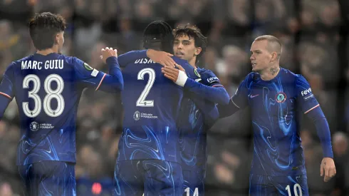 LONDON, ENGLAND - NOVEMBER 07: Joao Felix of Chelsea celebrates with teammates Marc Guiu, Axel Disasi and Mykhaylo Mudryk after scoring his team's sixth goal during the UEFA Conference League 2024/25 League Phase MD3 match between Chelsea FC and FC Noah at Stamford Bridge on November 07, 2024 in London, England. (Photo by Mike Hewitt/Getty Images)