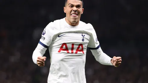LONDON, ENGLAND - DECEMBER 10: Pedro Porro of Tottenham Hotspur celebrates after Richarlison scores their team's third goal during the Premier League match between Tottenham Hotspur and Newcastle United at Tottenham Hotspur Stadium on December 10, 2023 in London, England. (Photo by Julian Finney/Getty Images)