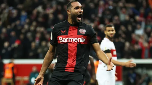 LEVERKUSEN, GERMANY – FEBRUARY 06: Jonathan Tah of Bayer Leverkusen celebrates scoring his team's third goal  during the DFB cup quarterfinal match between Bayer 04 Leverkusen and VfB Stuttgart at BayArena on February 06, 2024 in Leverkusen, Germany. (Photo by Lars Baron/Getty Images)
