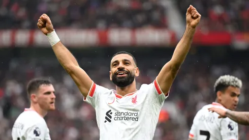 MANCHESTER, ENGLAND - SEPTEMBER 01: Mohamed Salah of Liverpool celebrates scoring his team's third goal during the Premier League match between Manchester United FC and Liverpool FC at Old Trafford on September 01, 2024 in Manchester, England. (Photo by Michael Regan/Getty Images)