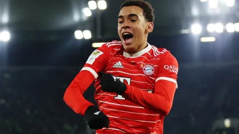 WOLFSBURG, GERMANY - FEBRUARY 05: Jamal Musiala of Bayern Munich celebrates after scoring the team's fourth goal during the Bundesliga match between VfL Wolfsburg and FC Bayern München at Volkswagen Arena on February 05, 2023 in Wolfsburg, Germany. (Photo by Maja Hitij/Getty Images)
