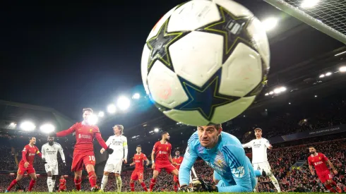 Liverpool v Real Madrid Champions League 27/11/2024. GOAL 2-0 Liverpool forward Cody Gakpo 18 scores not in picture, beating Real Madrid goalkeeper Thibaut Courtois 1 during the Champions League match between Liverpool and Real Madrid at Anfield, Liverpool, England on 27 November 2024. Editorial use only , Copyright: xIanxStephenx PSI-20885-0022