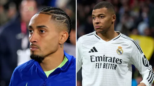 Mbappé supera Raphinha, do Barcelona, na Espanha. Fotos: Angel Martinez/Getty Imagens