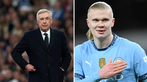 Ancelotti define marcador de Haaland em Manchester City x Real Madrid. Fotos: Angel Martinez e Justin Setterfield/Getty Imagens