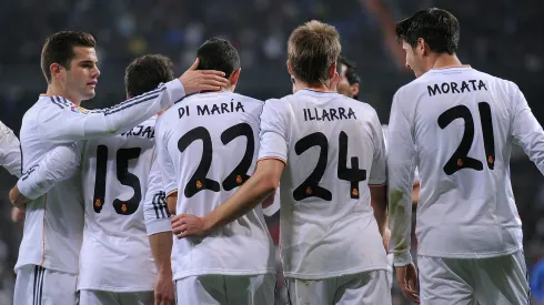 Jogadores comemorando gol do Real Madrid contra o Olimpic de Xativa. Ex-jogador do lcube merengue pode jogar na Argentina. Foto: Denis Doyle