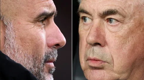 Pep Guardiola (Photo by Alex Pantling/Getty Images)  E  Carlo Ancelotti, pelo Real Madrid (Photo by Florencia Tan Jun/Getty Images)