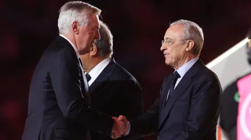 Ancelotti e Florentino Pérez pelo Real Madrid<br />
(Photo by Yasser Bakhsh/Getty Images)