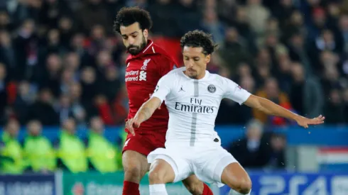 Marquinhos e Salah dividem bola. Foto: Associated Press / Alamy Stock Photo