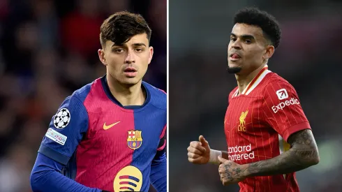 Todo o foco do Barcelona está em Luis Díaz, do Liverpool. Fotos: Aitor Alcalde e Garath Copley/Getty Imagens