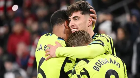 Jogadores do Arsenal comemorando gol. Foto: Mike Hewitt