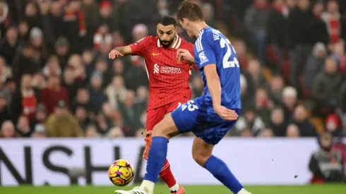 Mohamed Salah durante partida do Liverpool contra o Leicester