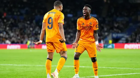 Mbappé e Vini Jr. comemorando gol do Real Madrid. Foto: Juan Manuel Serrano Arce