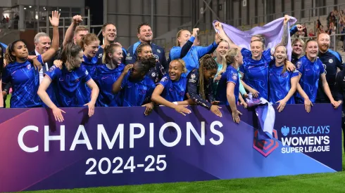 LEIGH, ENGLAND – APRIL 30: Players of Chelsea celebrate victory and winning the Barclays WSL title following the Barclays Women's Super League match between Manchester United FC and Chelsea FC at Leigh Sports Village on April 30, 2025 in Leigh, England. (Photo by Ben Roberts Photo/Getty Images)