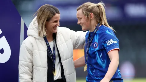 DERBY, ENGLAND – MARCH 15: Sonia Bompastor, Manager of Chelsea, embraces Erin Cuthbert after their teams victory in the Subway Women's League Cup Final match between Chelsea and Manchester City at Pride Park on March 15, 2025 in Derby, England. (Photo by Cameron Smith/Getty Images)