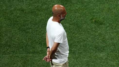ATLANTA, GEORGIA – JUNE 22: Pep Guardiola, Head Coach of Manchester City, looks on during the FIFA Club World Cup 2025 group G match between Manchester City FC and Al Ain FC at Mercedes-Benz Stadium on June 22, 2025 in Atlanta, Georgia. (Photo by Kevin C. Cox/Getty Images)