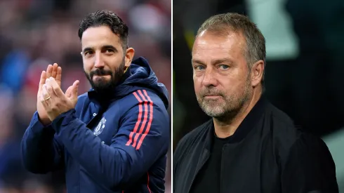 Ruben Amorim e Hansi Flick, técnicos de Manchester United e Barcelona. Fotos: Matt McNulty e Angel Martinez