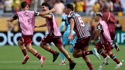 ORLANDO, FLORIDA – JULY 04: Matheus Martinelli #8 of Fluminense FC and team mates celebrate victory following the FIFA Club World Cup 2025 quarter final match between Fluminense FC and Al Hilal at Camping World Stadium on July 04, 2025 in Orlando, Florida. (Photo by Buda Mendes/Getty Images)