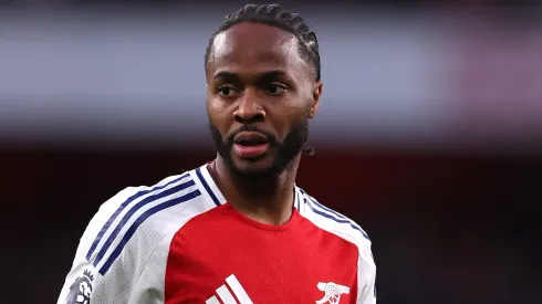 LONDON, ENGLAND – APRIL 23: Raheem Sterling of Arsenal reacts during the Premier League match between Arsenal FC and Crystal Palace FC at Emirates Stadium on April 23, 2025 in London, England. (Photo by Ryan Pierse/Getty Images)