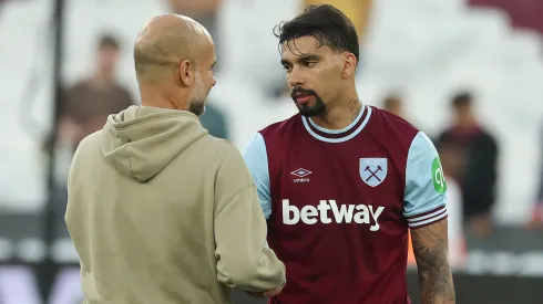 Lucas Paquetá e Guardiola após jogo entre West Ham e Manchester City
