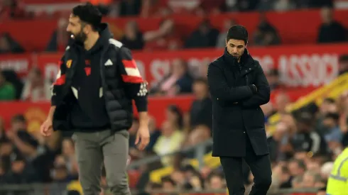 MANCHESTER, ENGLAND – MARCH 09: Mikel Arteta, Manager of Arsenal, reacts during the Premier League match between Manchester United FC and Arsenal FC at Old Trafford on March 09, 2025 in Manchester, England. (Photo by Carl Recine/Getty Images)